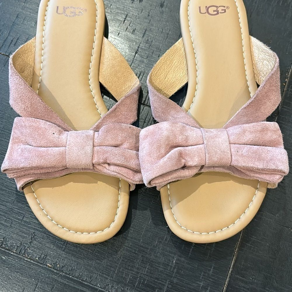 Ugg Dusty Pink Bow Suede Leather Slip On Spring Summer Sandals 5​​​​​​​​​​​​​ - Picture 2 of 7